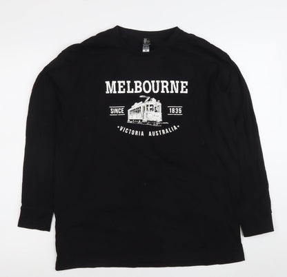 I & B Fashion Unisex Black Melbourne Print Long Sleeve Cotton T-Shirt M