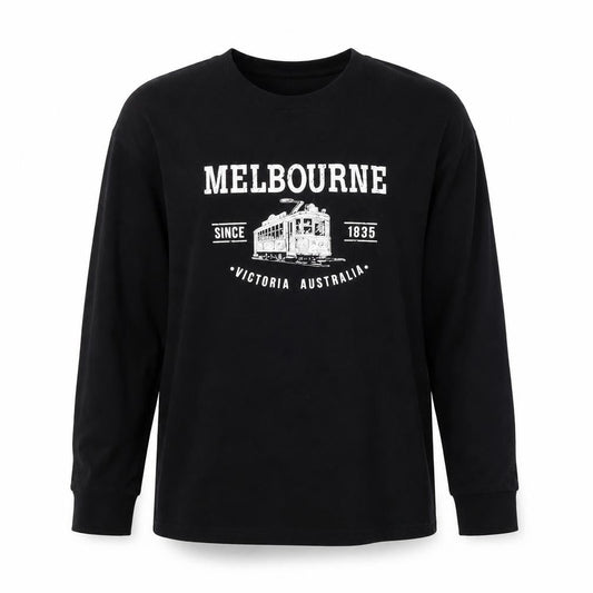 Front view of I & B Fashion unisex black melbourne print long sleeve cotton t-shirt m