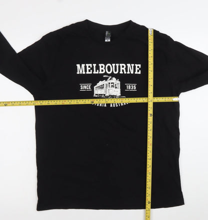 I & B Fashion Unisex Black Melbourne Print Long Sleeve Cotton T-Shirt M