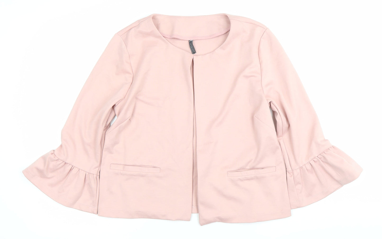 Freequent Womens Pink Ruffle Sleeve Open Jacket Size L Workwear