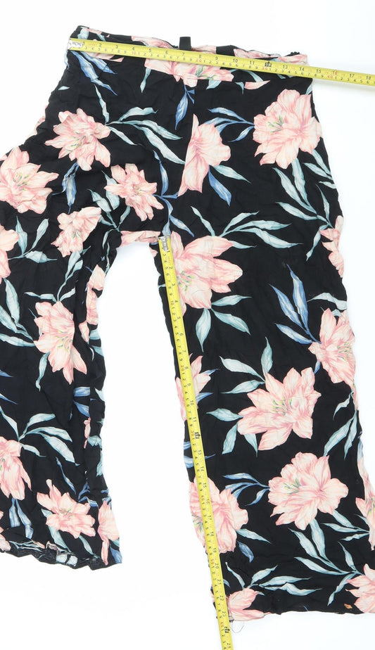 New Look Petite Womens Black Floral Wide-Leg Viscose Trousers Size 14