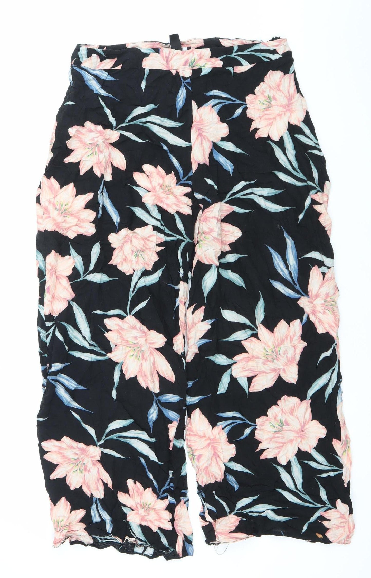 New Look Petite Womens Black Floral Wide-Leg Viscose Trousers Size 14