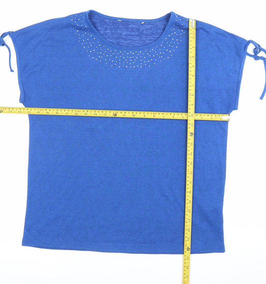 Bonmarché Women Blue Size 14 Studded Round Neck T-Shirt