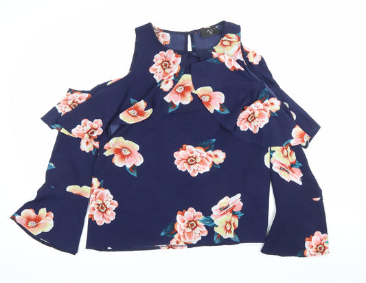 AX Paris Womens Blue Floral Ruffle Blouse Size 16 Cold Shoulder Top