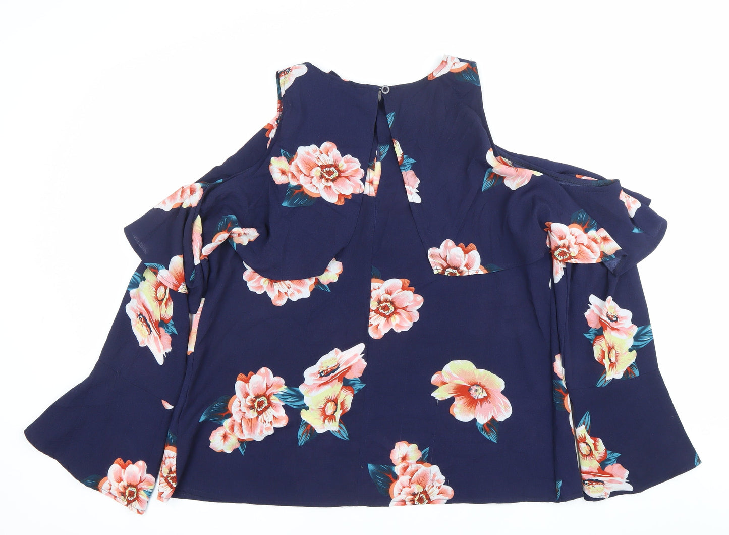AX Paris Womens Blue Floral Ruffle Blouse Size 16 Cold Shoulder Top