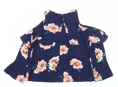 AX Paris Womens Blue Floral Ruffle Blouse Size 16 Cold Shoulder Top