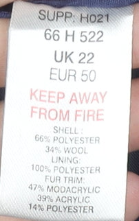 Kaleidoscope Women’s Blue Wool Blend Fur Trim Coat UK 22