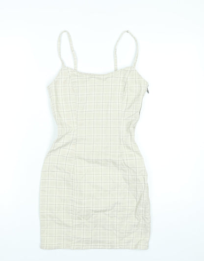 H&M Women Beige Check Bodycon Dress Size 6 Cotton Blend Sleeveless