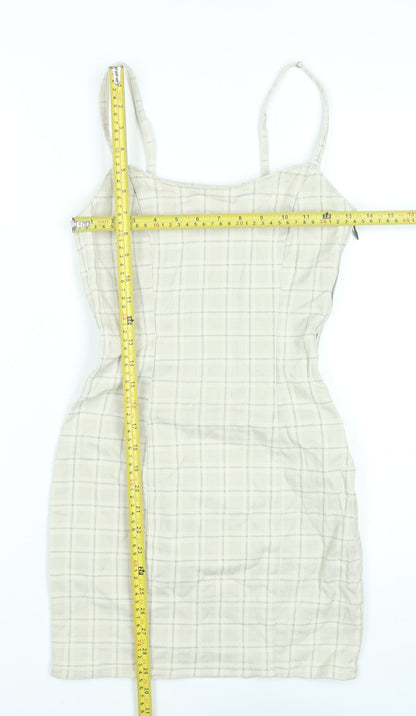 H&M Women Beige Check Bodycon Dress Size 6 Cotton Blend Sleeveless