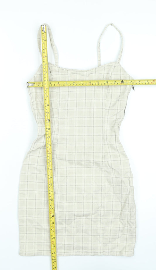 H&M Women Beige Check Bodycon Dress Size 6 Cotton Blend Sleeveless