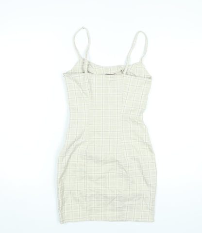 H&M Women Beige Check Bodycon Dress Size 6 Cotton Blend Sleeveless