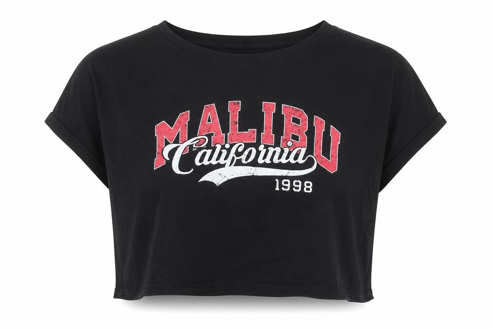Front view of 915 Generation girls’ black cropped malibu california t-shirt 14-15 years