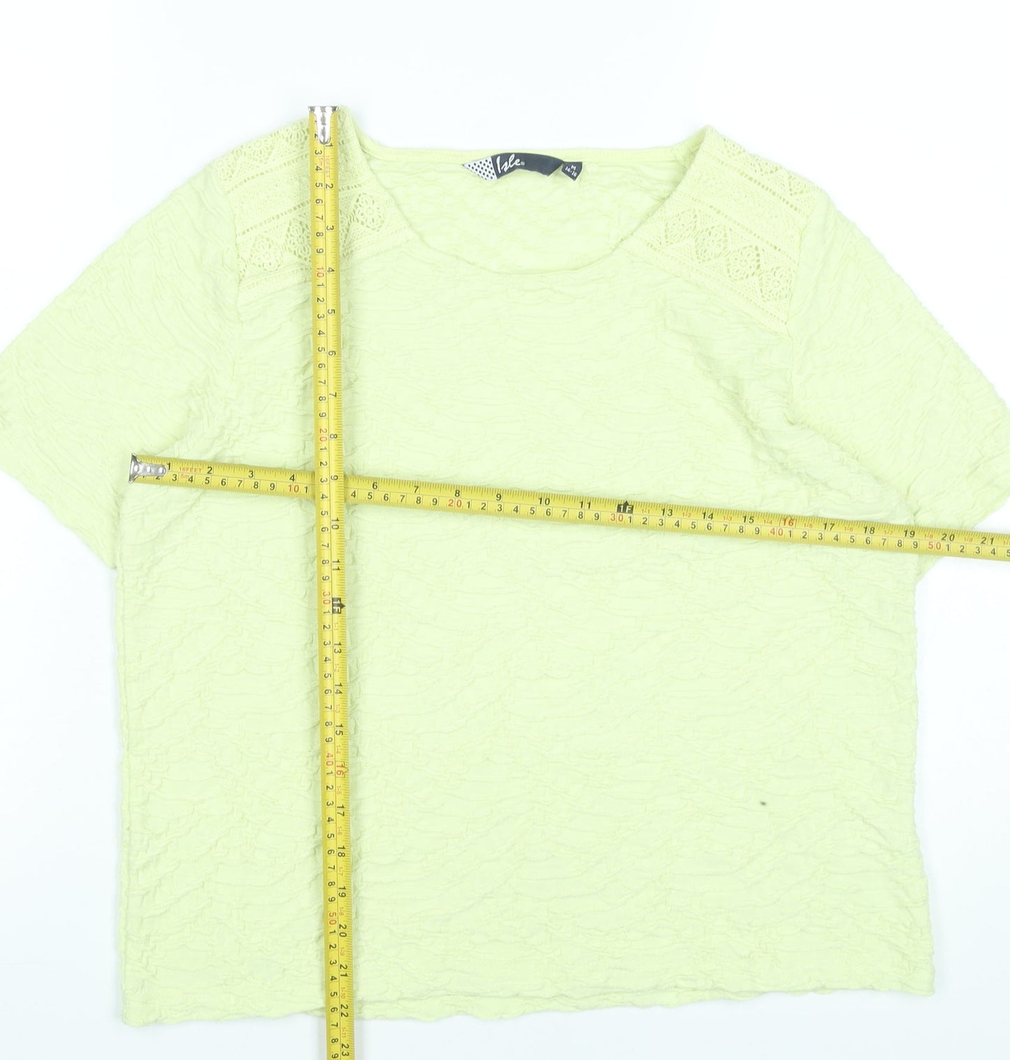 Isle Women’s Yellow Short Sleeve Crochet Accent T-Shirt Size 14