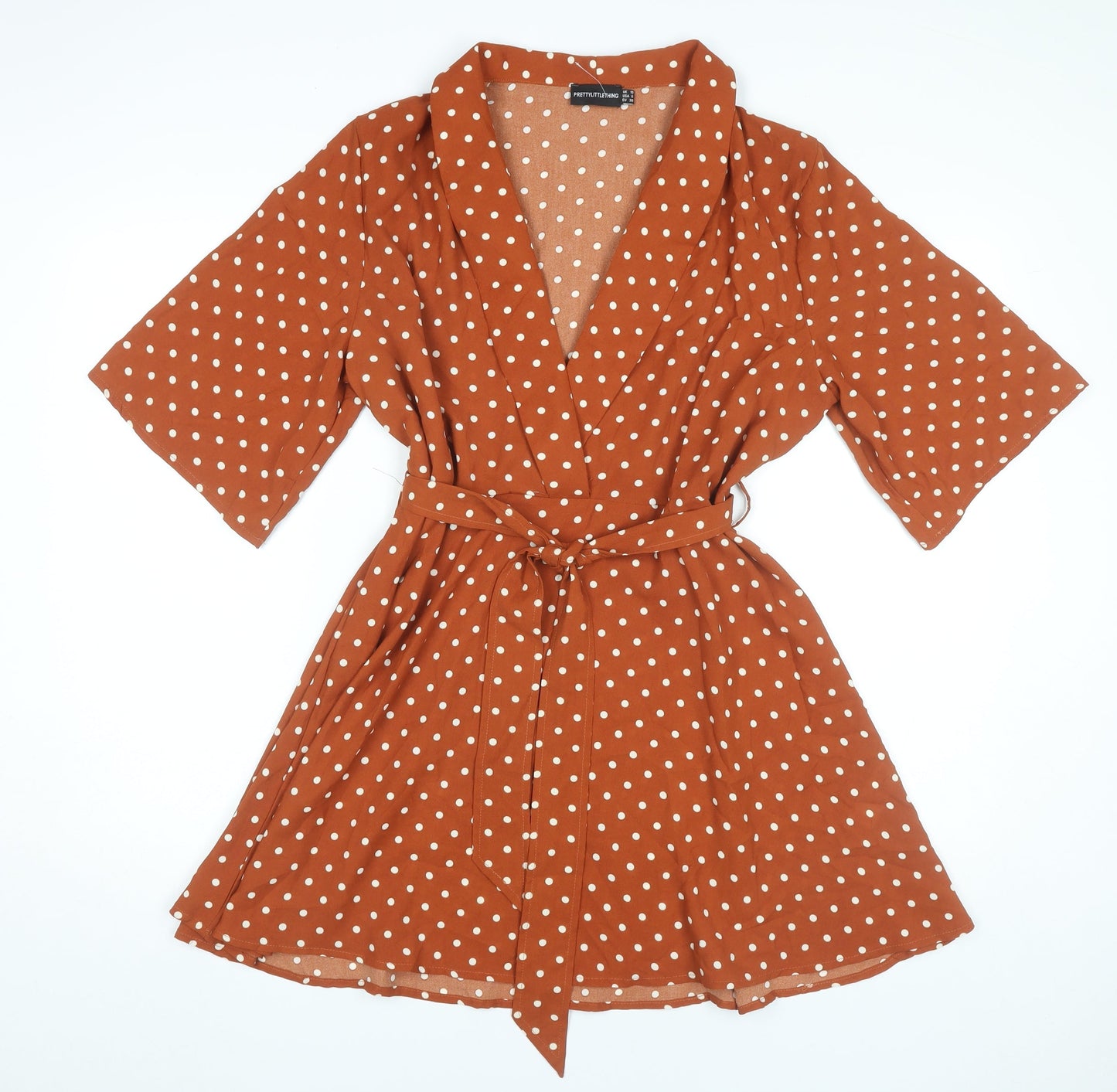 PrettyLittleThing Women Brown Polka Dot Wrap Dress Size 10