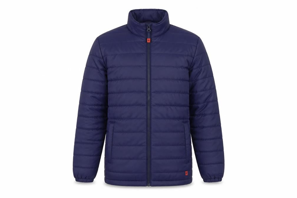 Front view of Mountain Warehouse boys’ blue 13 years puffer jacket lightweight quilted zip coat