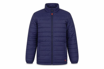 Front view of Mountain Warehouse boys’ blue 13 years puffer jacket lightweight quilted zip coat