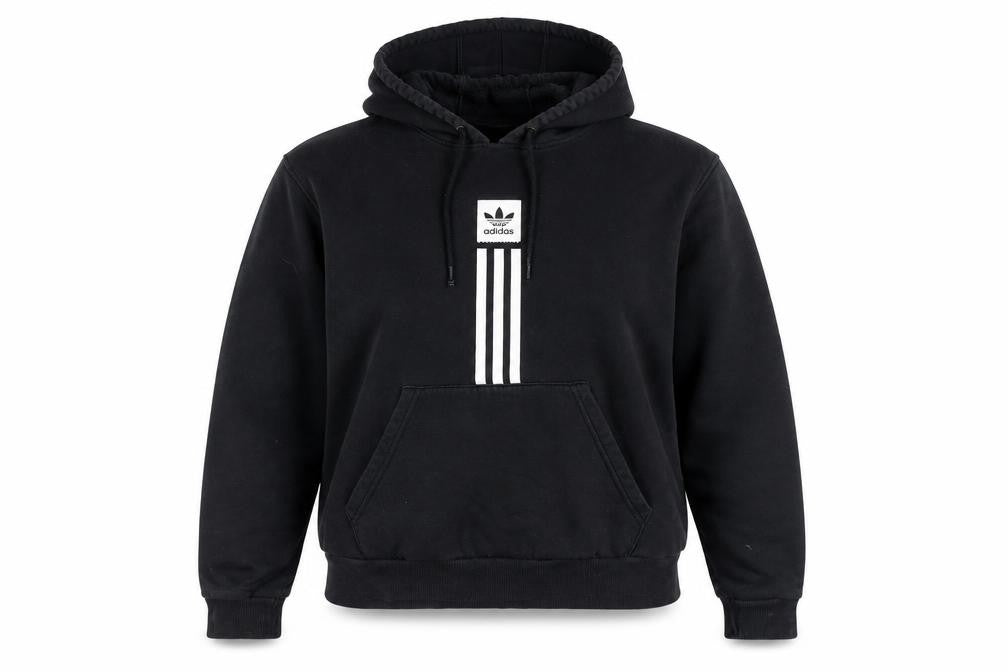 Front view of Adidas unisex black pullover hoodie medium logo sportswear