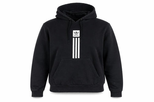 Front view of Adidas unisex black pullover hoodie medium logo sportswear