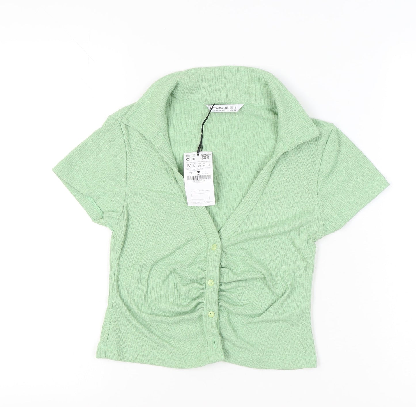 Stradivarius Women’s Green Cropped Collared Button-Up Top Size 12