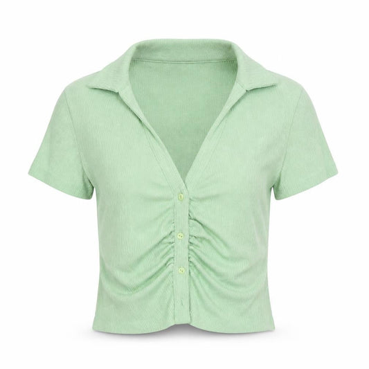 Stradivarius Women’s Green Cropped Collared Button-Up Top Size 12