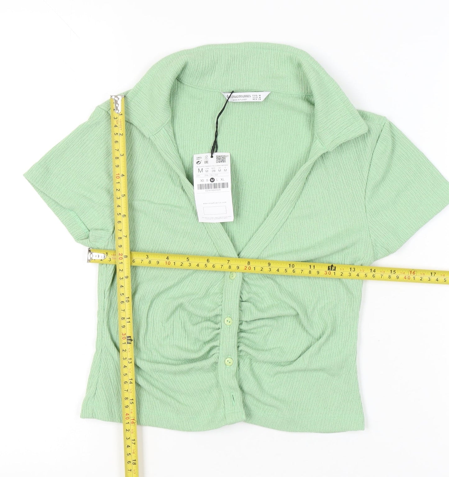 Stradivarius Women’s Green Cropped Collared Button-Up Top Size 12