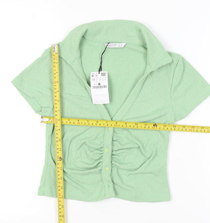 Stradivarius Women’s Green Cropped Collared Button-Up Top Size 12
