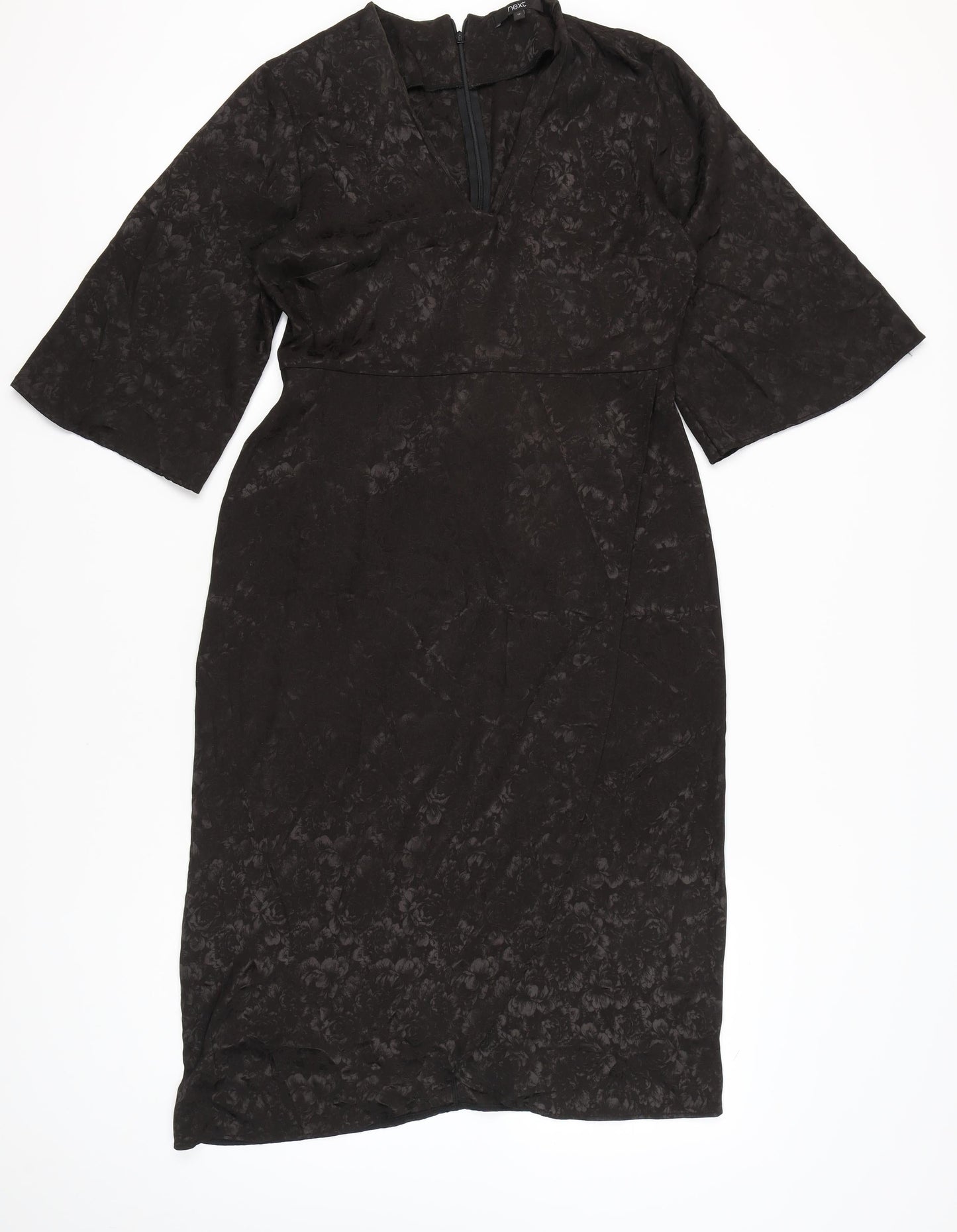 Next Women’s Black Jacquard Sheath Dress Size 12 V-Neck Belted