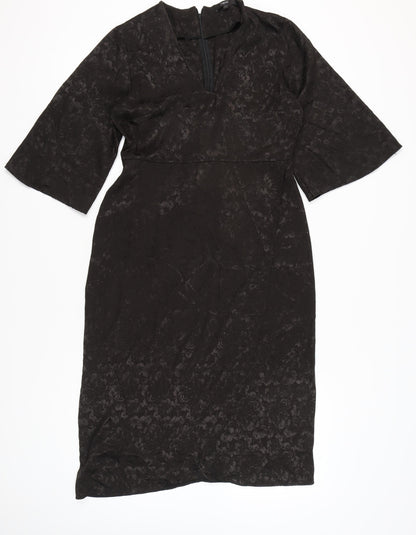 Next Women’s Black Jacquard Sheath Dress Size 12 V-Neck Belted