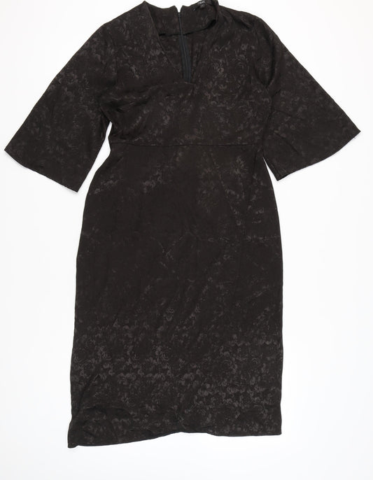 Next Women’s Black Jacquard Sheath Dress Size 12 V-Neck Belted