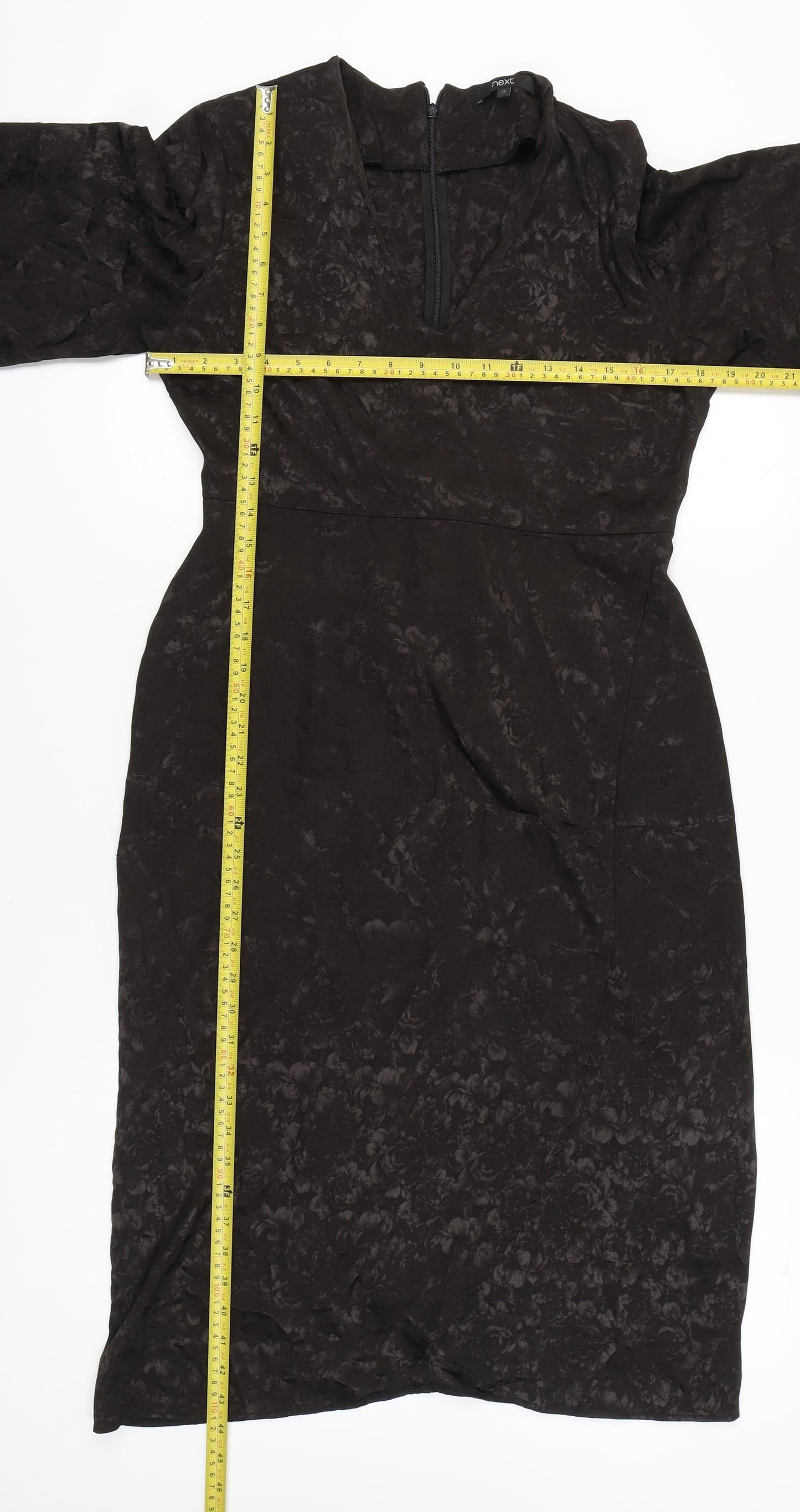 Next Women’s Black Jacquard Sheath Dress Size 12 V-Neck Belted