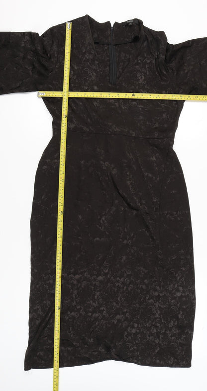 Next Women’s Black Jacquard Sheath Dress Size 12 V-Neck Belted