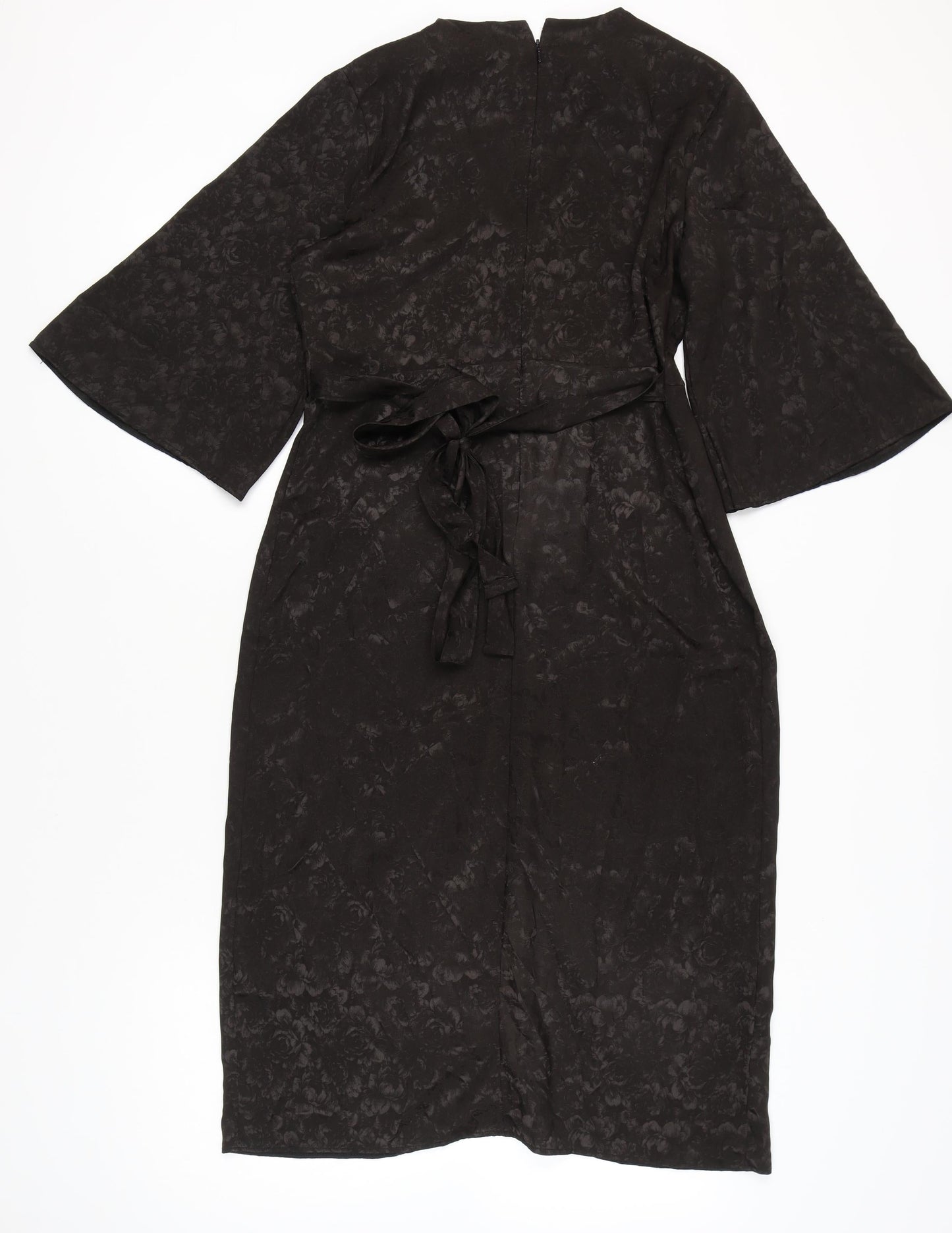 Next Women’s Black Jacquard Sheath Dress Size 12 V-Neck Belted