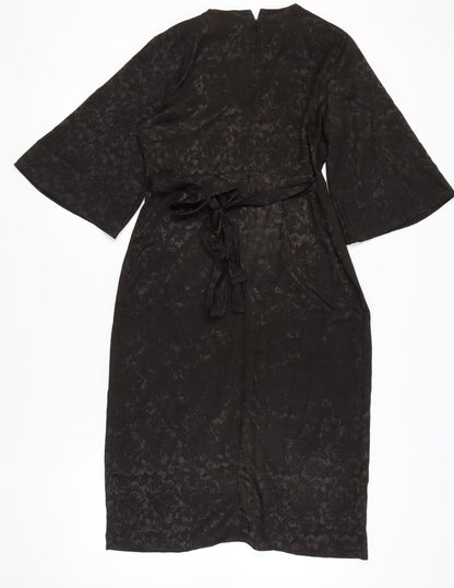 Next Women’s Black Jacquard Sheath Dress Size 12 V-Neck Belted