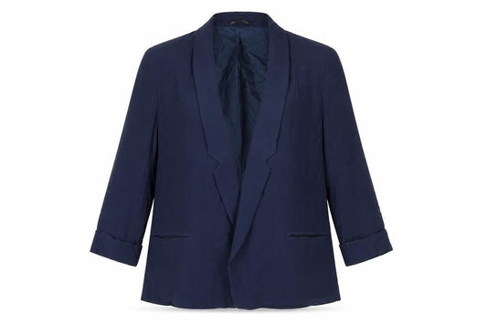 Front view of French Connection women’s blue, size UK 14, shawl lapel blazer jacket