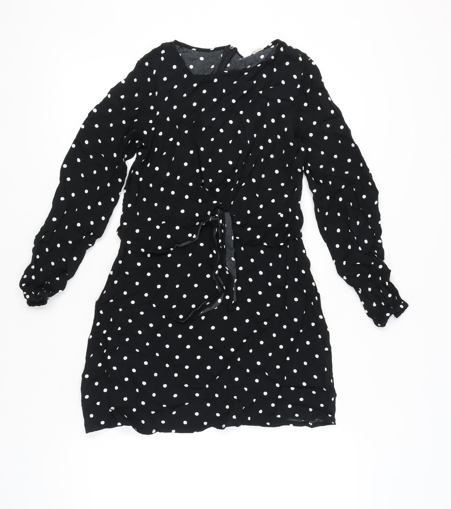 Mango Women Black Polka Dot Shift Dress Size 10 Long Sleeve Short