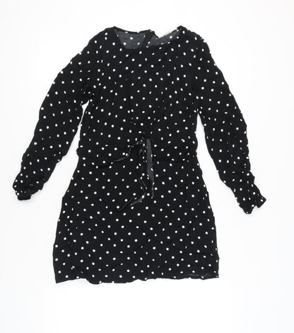 Mango Women Black Polka Dot Shift Dress Size 10 Long Sleeve Short