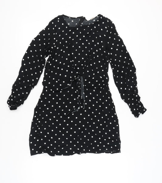 Mango Women Black Polka Dot Shift Dress Size 10 Long Sleeve Short