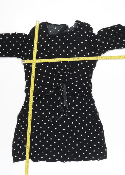 Mango Women Black Polka Dot Shift Dress Size 10 Long Sleeve Short