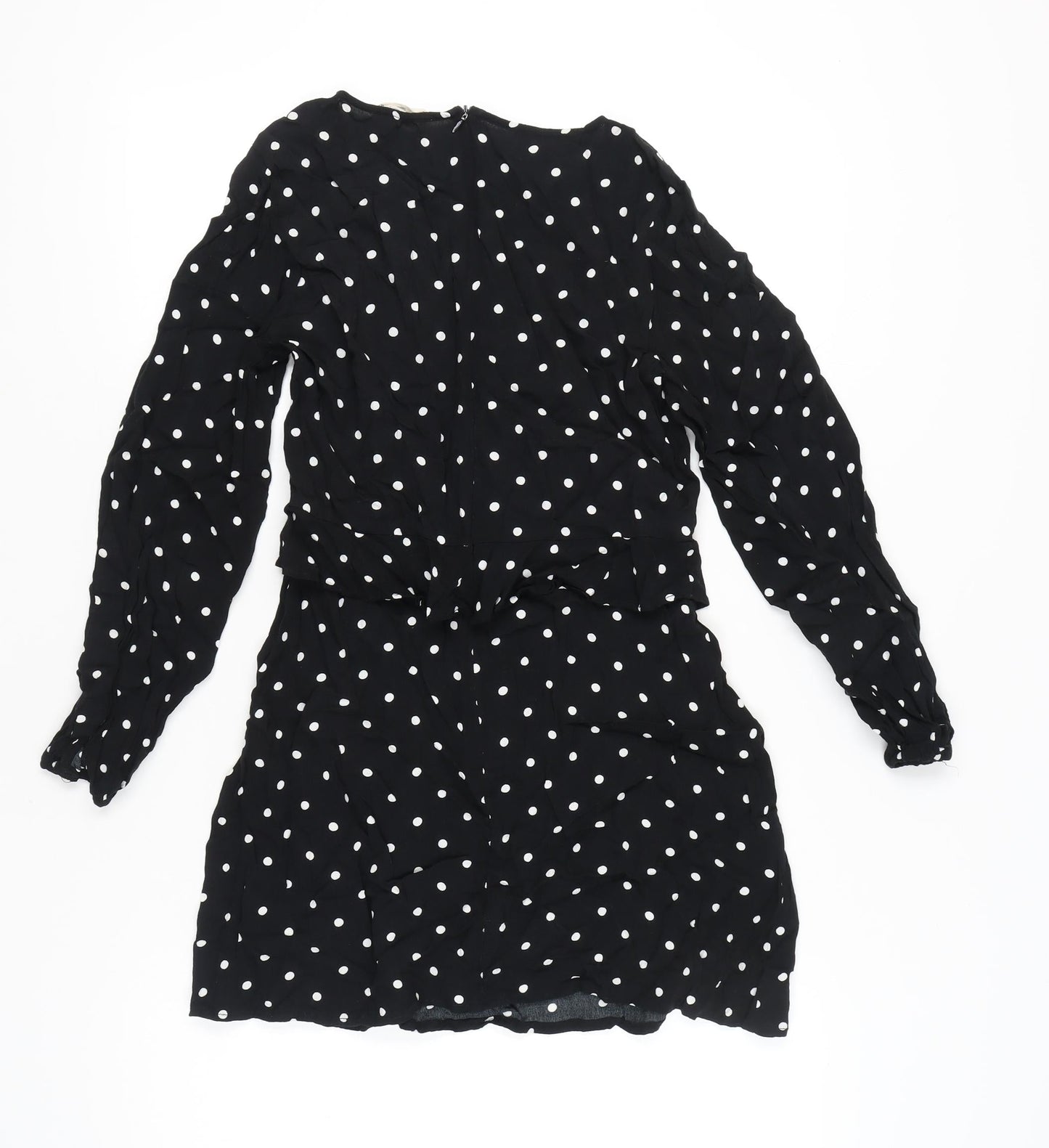 Mango Women Black Polka Dot Shift Dress Size 10 Long Sleeve Short
