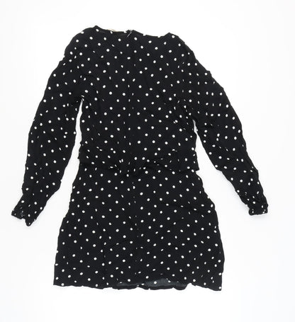 Mango Women Black Polka Dot Shift Dress Size 10 Long Sleeve Short