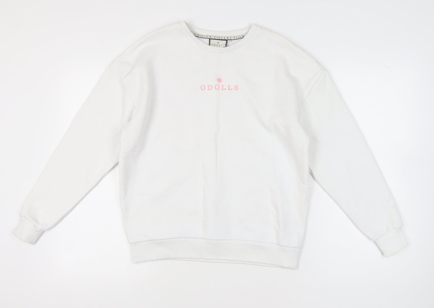 ODolls Womens White Sweatshirt Size 6 Cotton Blend Logo Crew Neck
