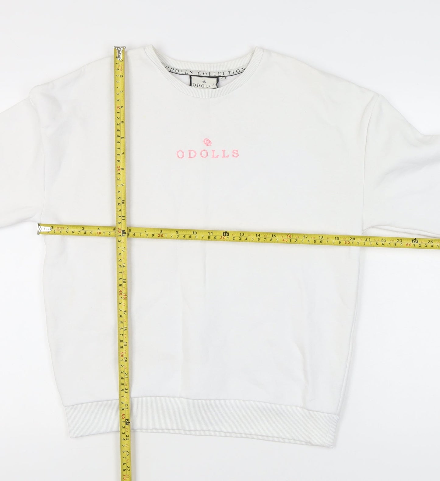 ODolls Womens White Sweatshirt Size 6 Cotton Blend Logo Crew Neck