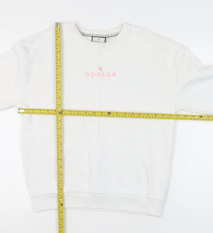 ODolls Womens White Sweatshirt Size 6 Cotton Blend Logo Crew Neck