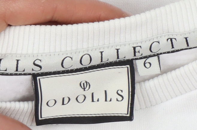 ODolls Womens White Sweatshirt Size 6 Cotton Blend Logo Crew Neck