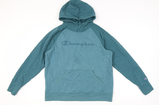 Additional front view of Champion unisex green pullover hoodie l logo graphic raglan