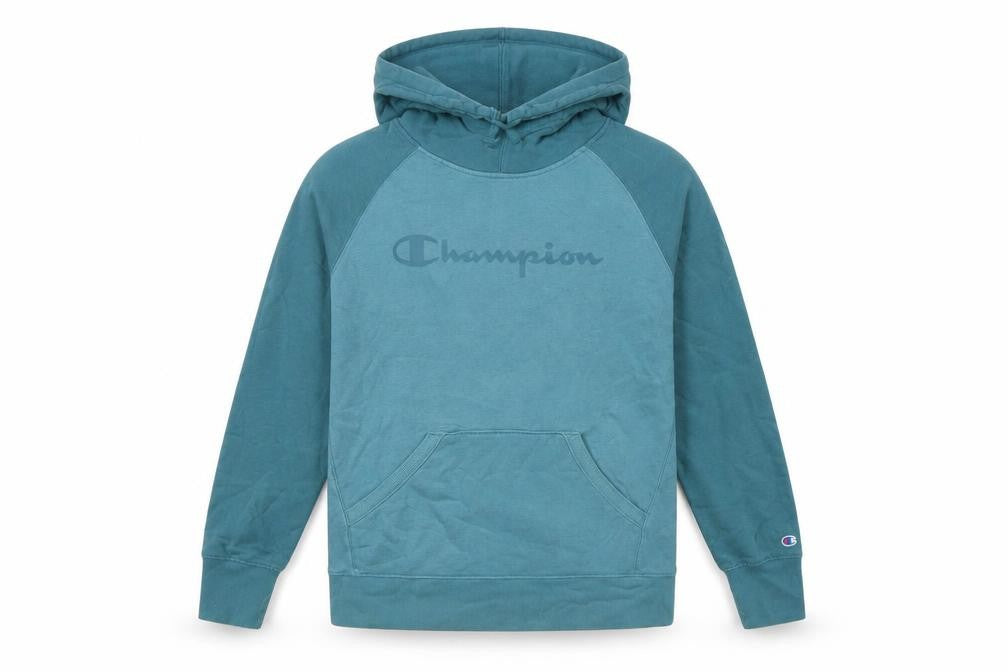 Front view of Champion unisex green pullover hoodie l logo graphic raglan