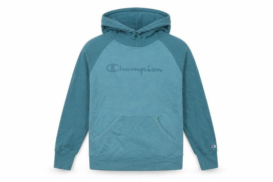 Front view of Champion unisex green pullover hoodie l logo graphic raglan