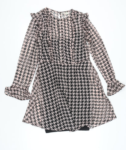 River Island Women Pink Black Houndstooth Shift Dress UK 14