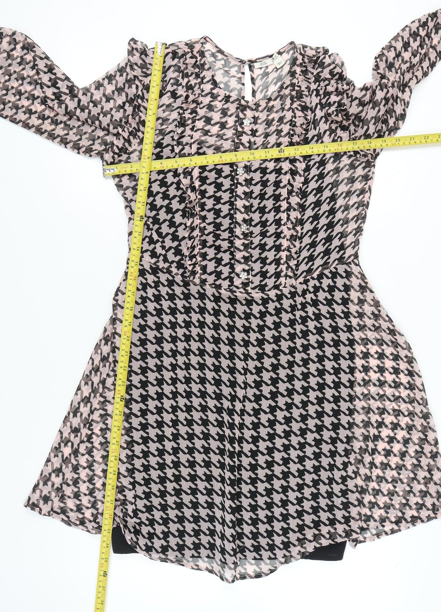 River Island Women Pink Black Houndstooth Shift Dress UK 14
