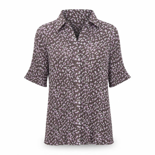 Front view of Soon women’s brown floral button-up tunic shirt, size UK 14